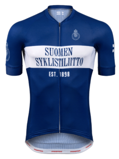 blue and white summer cycling jersey dedicated for finnish cycling 125 anniversay
