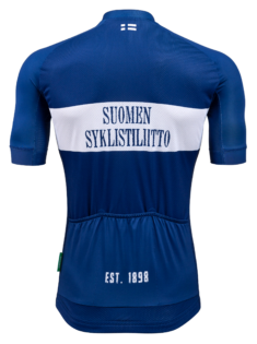 blue and white summer cycling jersey dedicated for finnish cycling 125 anniversay