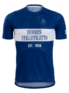 blue and white gravel jersey dedicated for finnish cycling 125 anniversary