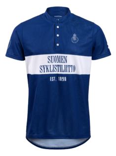 blue and white polo jersey with rear pockets finnish cycling 125 anniversary special