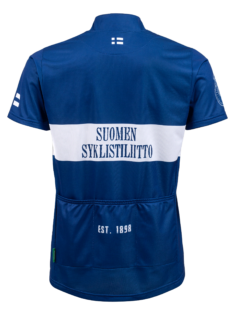 blue and white gravel jersey dedicated for finnish cycling 125 anniversary